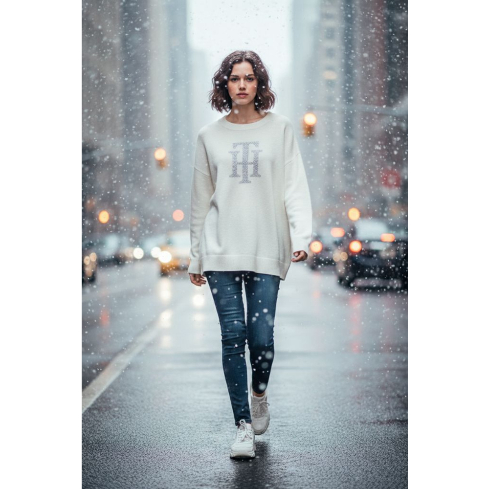 Women's Tommy Hilfiger White & Silver Logo Crew Neck Knit Sweater XL NWOT